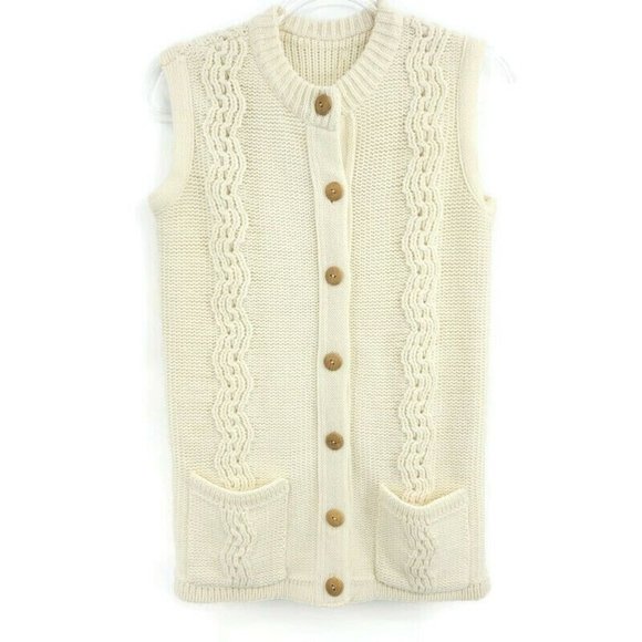 Vintage Sweaters - Cable Knit Fishermen's Knit Vest Ivory Cream Sweater Vest Wooden Buttons Nordic